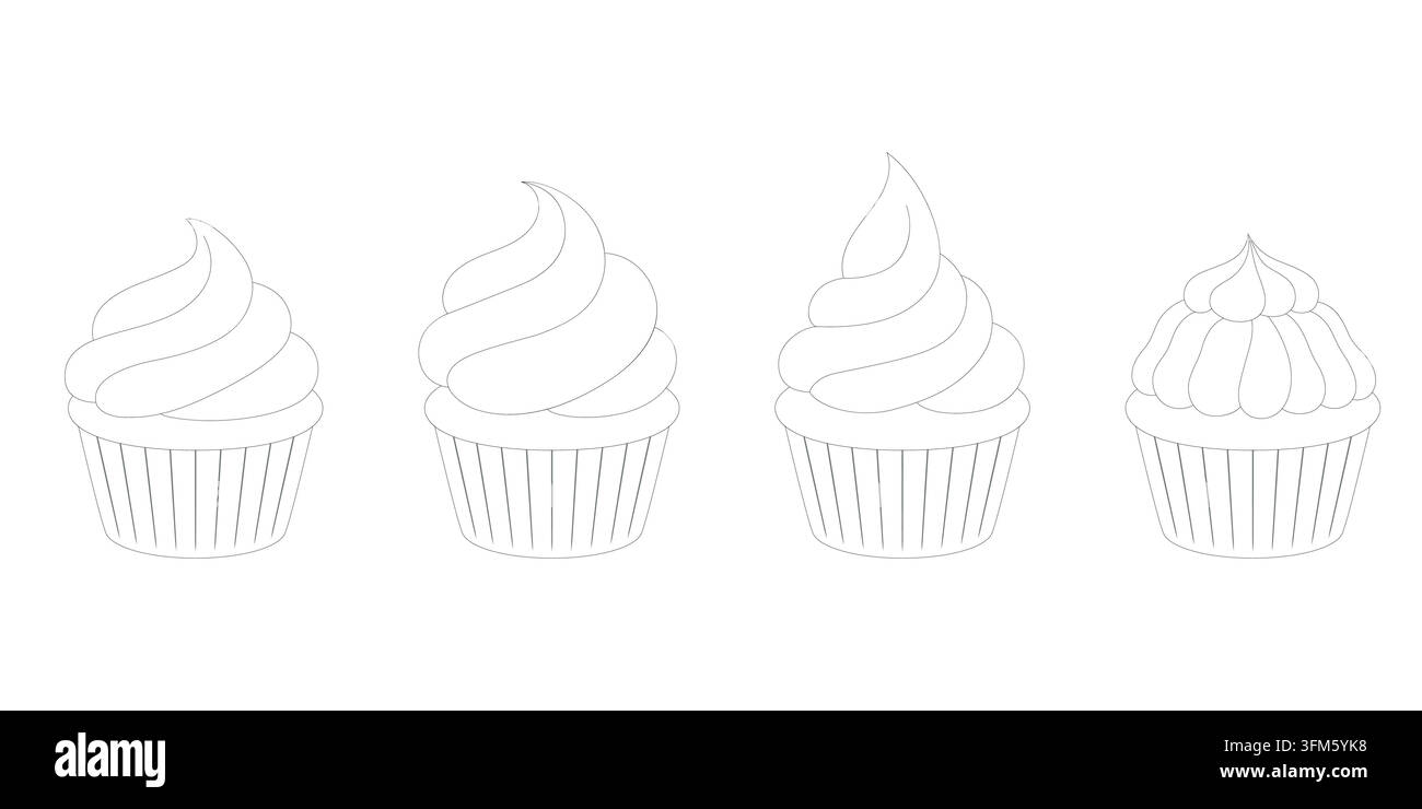 Schwarz-Weiß-Set-Illustration eines niedlichen süßen Cupcakes mit Sahne für Kinder-Malvorlagen. Stock Vektor