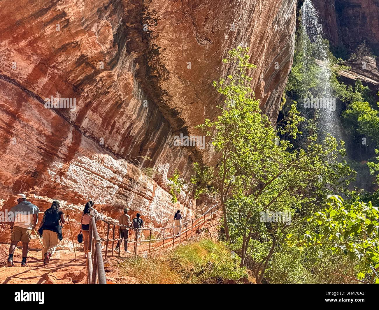 Zion-Nationalpark, Utah, USA - 27. Juni 2026: Menschen gehen einen schmalen Pfad entlang, unter Wasser, das von einer Felswand im Zion-Nationalpark fällt. - Smartphone-aufgenommenes Stockfoto