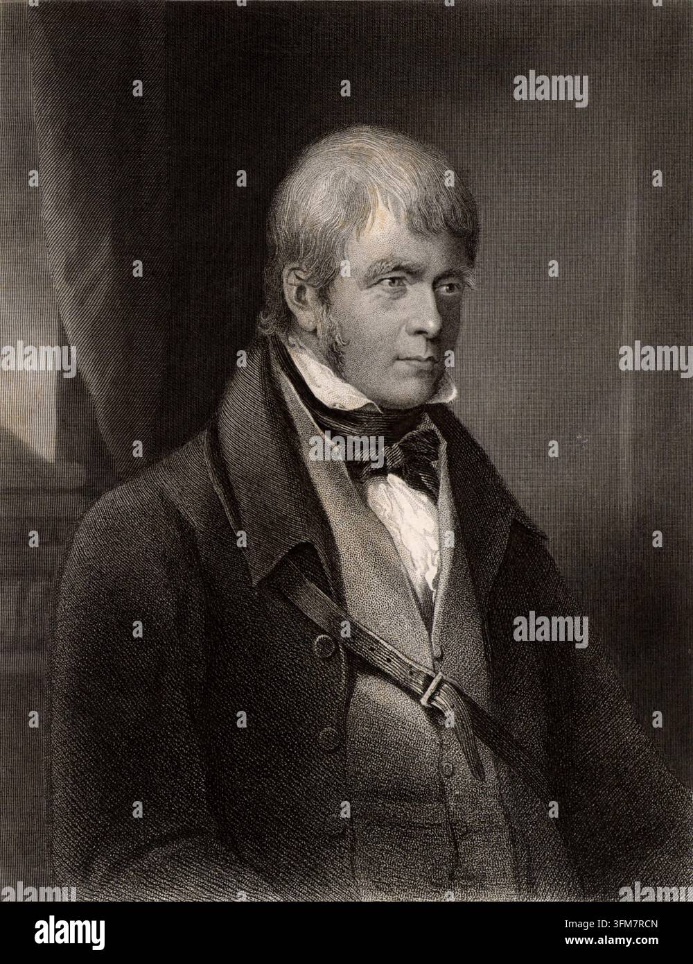 Ein gestochener Porträt von Walter Scott (1771-1832), einem schottischen Autor und Dichter, der am besten für seine historischen 'Waverley'-Romane bekannt ist. Dargestellt in einem nachdenklichen Halbfigur-Profil, beeinflussten Scotts Werke die Entwicklung des historischen Romans als literarisches Genre erheblich. Diese Radierung ist nach einem Porträt von Gilbert Stuart Newton. ca. 1800. Stockfoto