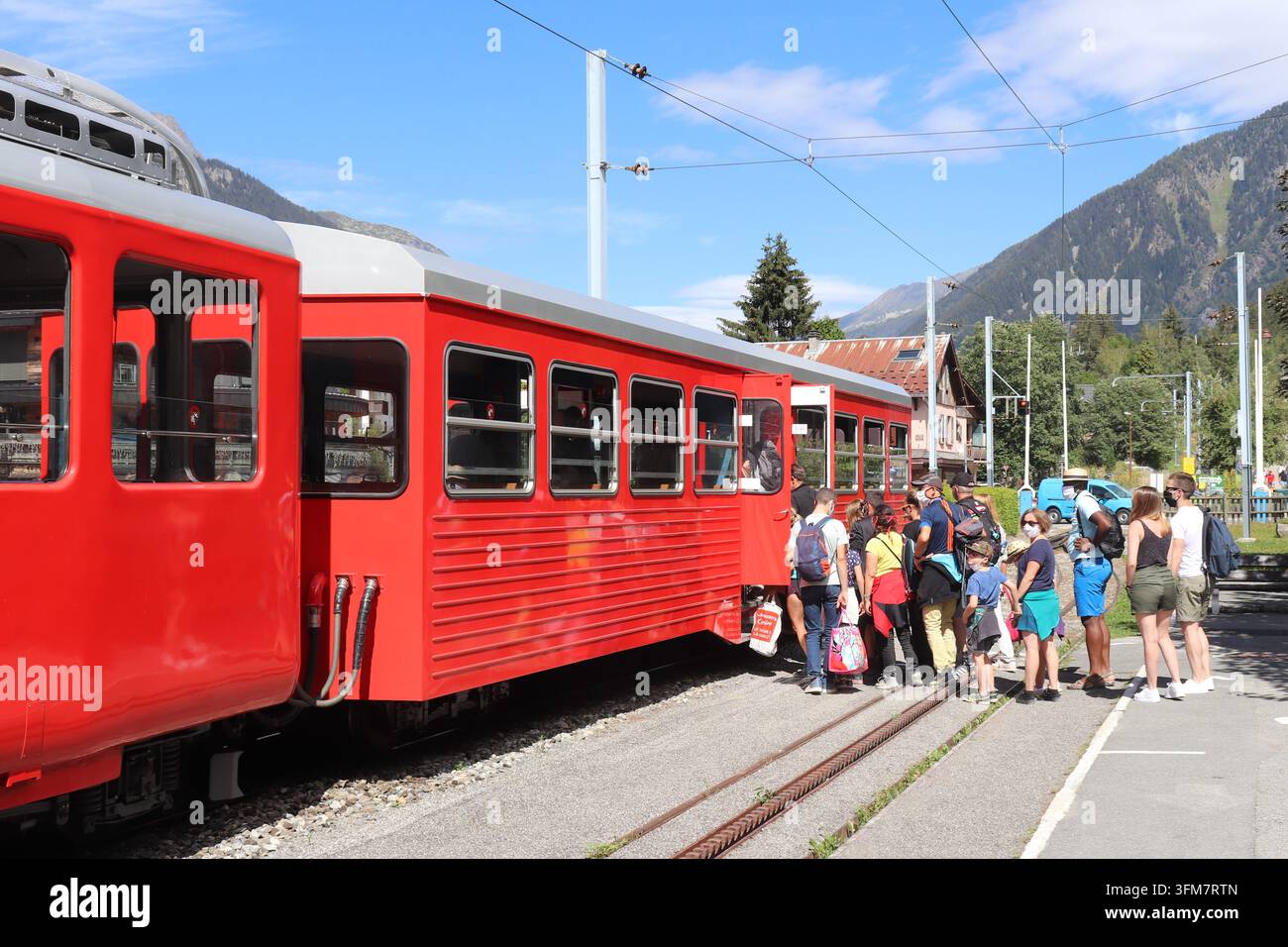 Touristenbahn Montenvers, die von Chamonix zur Mer de Glace fährt; Stadt Chamonix, Département Haute-Savoie, Frankreich. Stockfoto