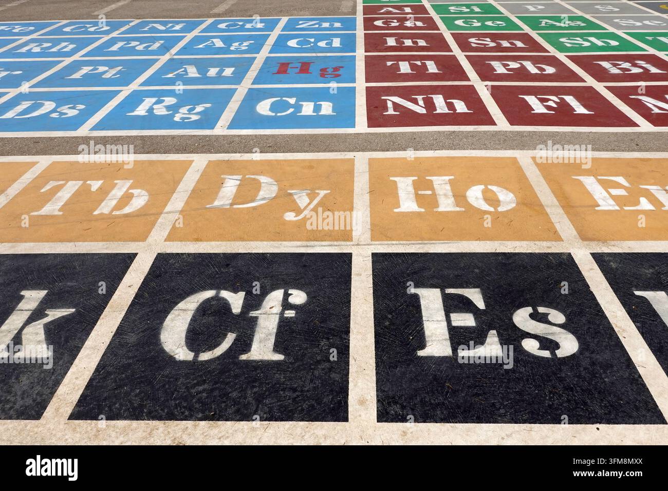 Periodensystem der chemischen Elemente Buchstabensymbole Hintergrund. Stockfoto