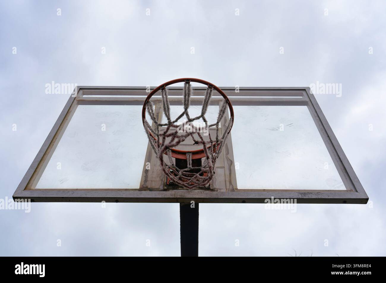 Basketballkorb und Rückwand im Freien, von unten betrachtet in Batumi, Georgien, vor einem bewölkten Himmel mit Palmenblättern in der Nähe. Stockfoto