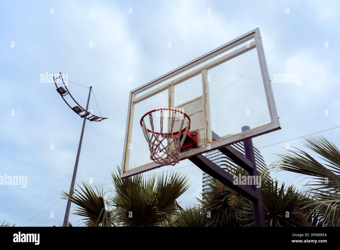 Basketballkorb im Freien in Batumi, Georgien, umgeben von Palmen und vor einem bewölkten Himmel in einer subtropischen Küstenlandschaft. Stockfoto
