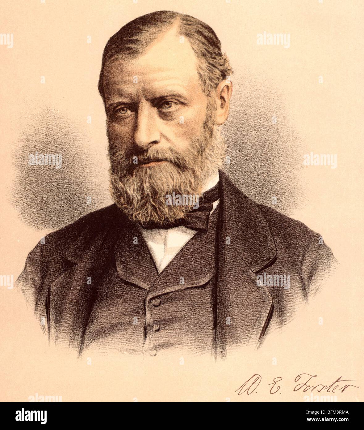 Ein getöntes Lithografieporträt von William Edward Forster (1818–1886), einem bedeutenden britischen liberalen Politiker, der für seine Rolle bei der Verabschiedung des Elementary Education Act von 1870 und seine Amtszeit als Chefsekretär für Irland von 1880 bis 1882 bekannt ist. Verheiratet mit der Tochter von Dr. Thomas Arnold von der Rugby School, war er auch der Schwager des Dichters Matthew Arnold. Dieses Porträt wurde von Cassell, Petter, Galpin & Co. in der Serie 'The National Portrait Gallery' in London veröffentlicht. ca. 1880. Stockfoto