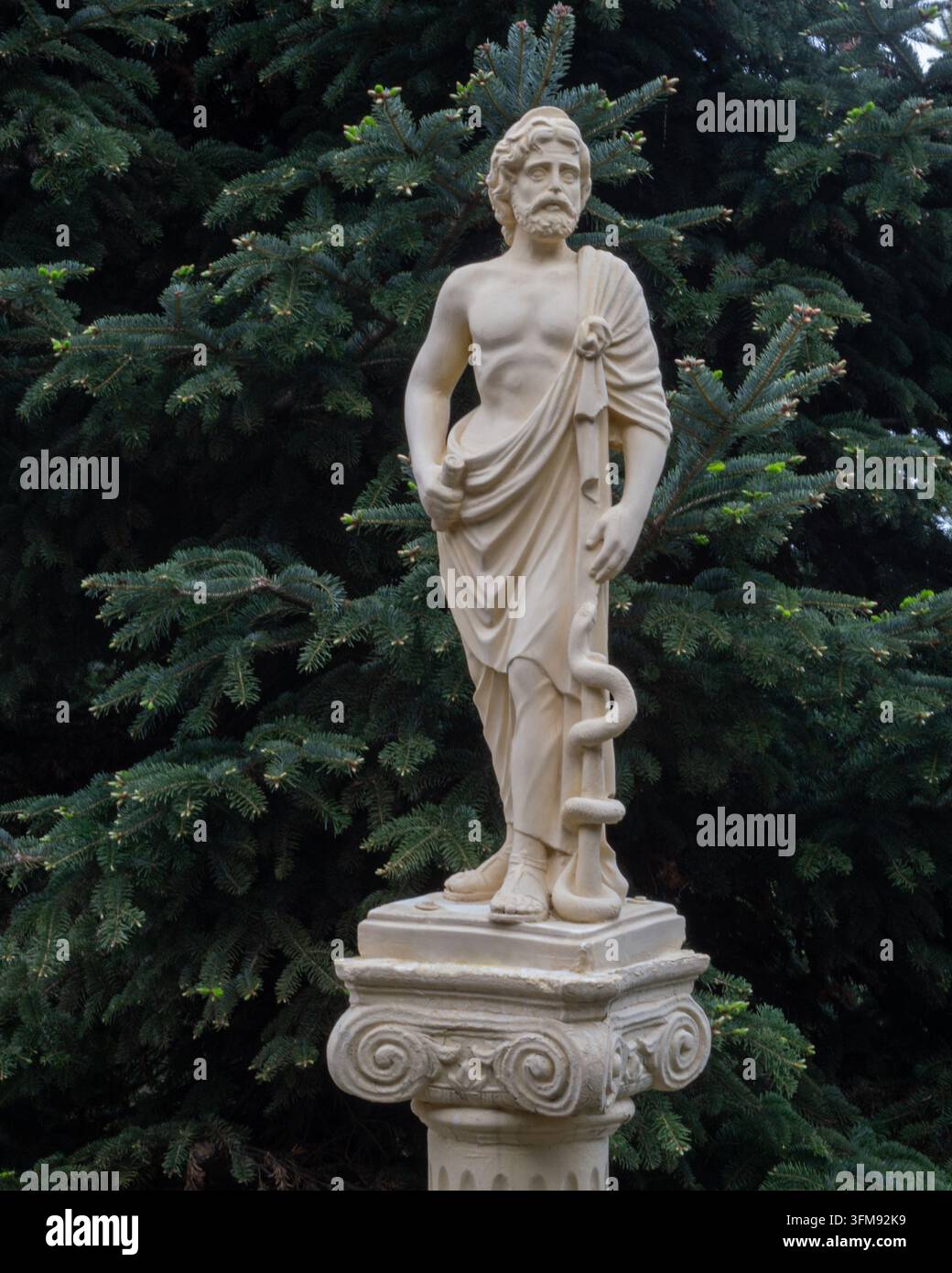 Klassische Statue eines bärtigen Mannes mit einer Schlangenstange vor immergrünen Bäumen Stockfoto