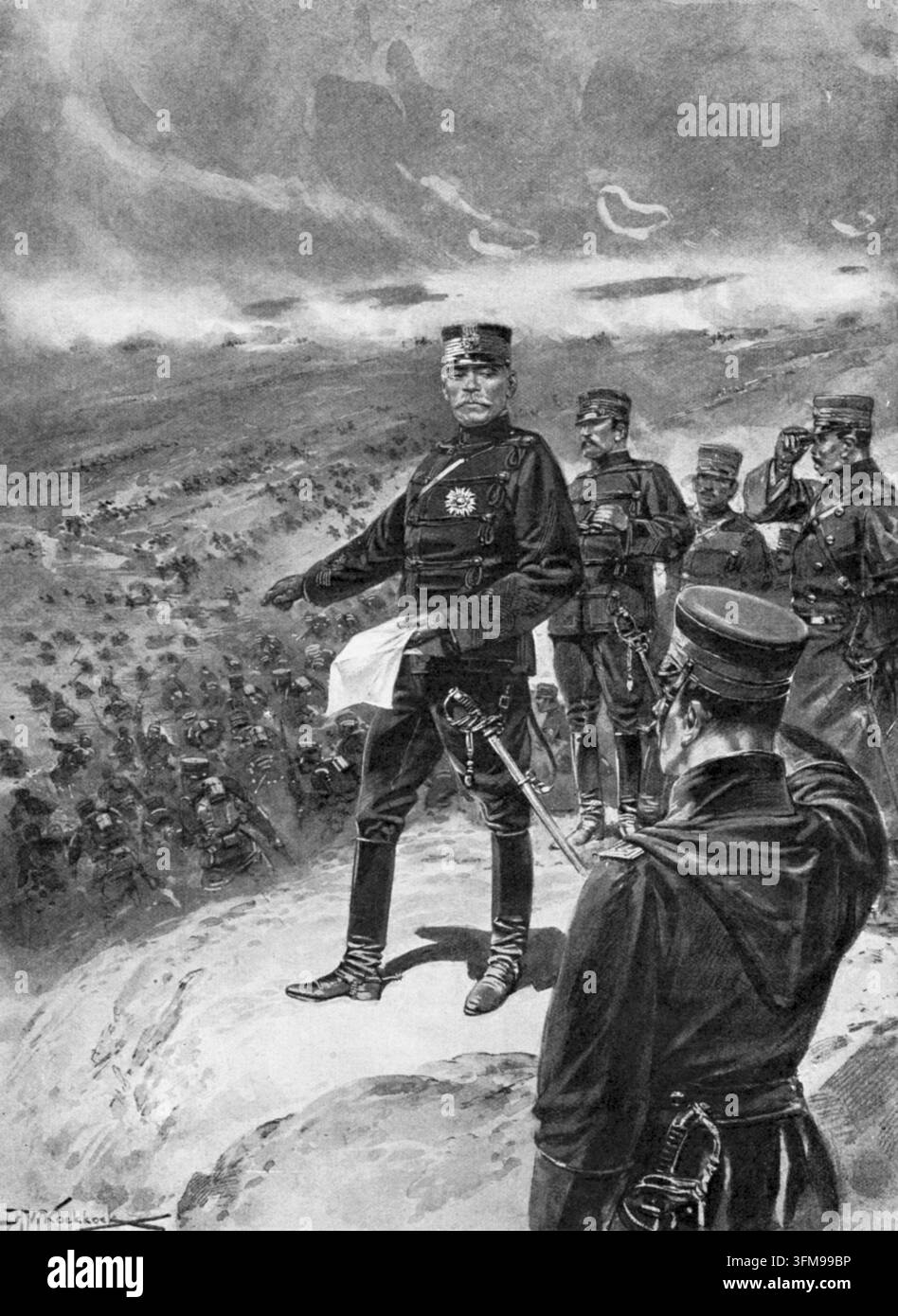Eine Illustration von Hermanus Willem Koekkoek (1867–1929), die General Kuroki Tamemoto 黒木 為楨 (1844–1923), Oberbefehlshaber der japanischen Ersten Armee, zeigt, wie er das Schlachtfeld während des Russisch-Japanischen Krieges überblickt. Auf einer markanten Anhöhe stehend, zeigt Kuroki auf seine vorrückende Infanterie im Tal unten, während deutliche Rauchringe von Artilleriefeuer durch den bewölkten Himmel ziehen. Die Szene fängt die taktische Überwachung der Ersten Armee während der frühen Stadien des Konflikts ein und spiegelt die strategische Dominanz der japanischen Streitkräfte über die russischen Truppen in der Mandschure wider. 1904. Stockfoto