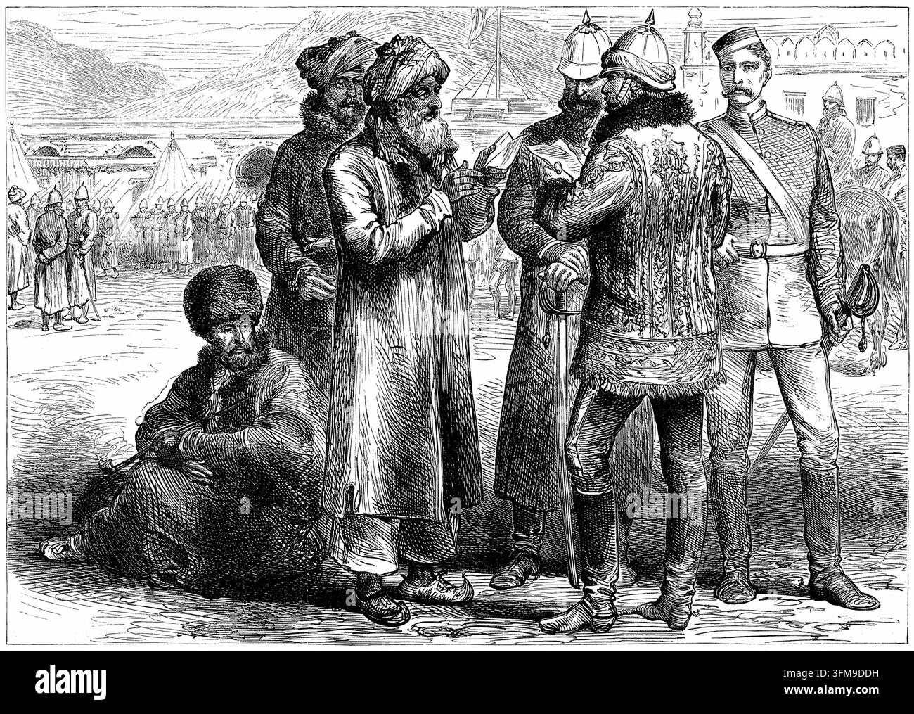Ein Holzstich, der General Frederick Roberts (1832–1914) in seinem Hauptquartier in den Sherpur (Sherpore) Cantonments während des Zweiten Anglo-Afghanischen Krieges (1878–1880) darstellt. Roberts, der die Kabul Field Force befehligte, wird gezeigt, wie er Depeschen oder Petitionen von lokalen afghanischen Vertretern nach der britischen Wiederbesetzung der Stadt empfängt. Die Szene veranschaulicht die administrativen und diplomatischen Komplexitäten, mit denen die britischen Streitkräfte an ihrer befestigten Basis außerhalb von Kabul nach der Belagerung im Dezember 1879 konfrontiert waren. 1880. Stockfoto
