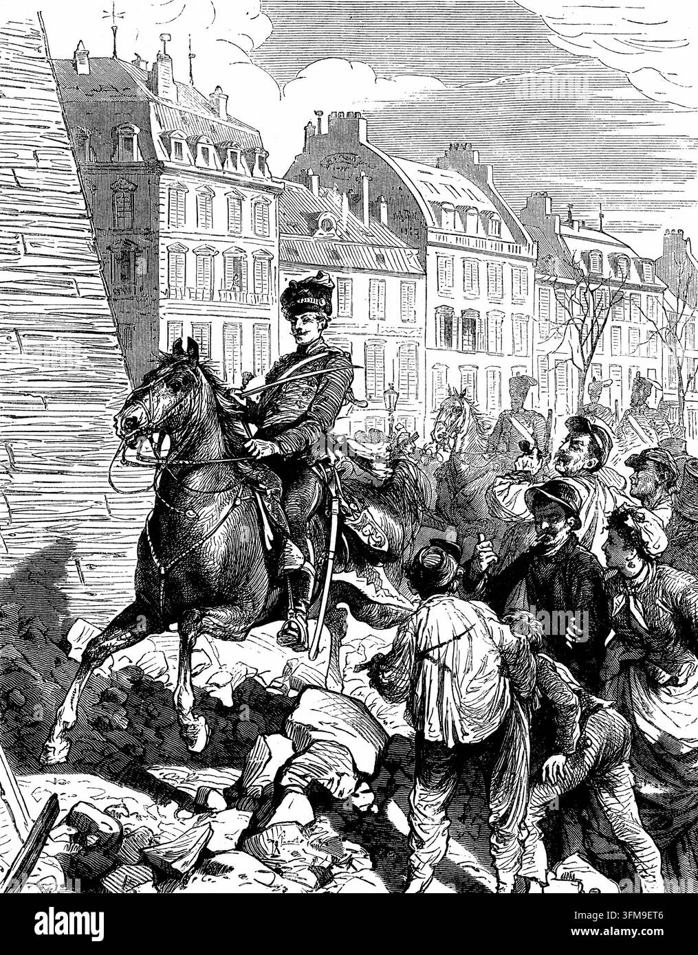 Ein Stich mit dem Titel „Der erste Deutsche in Paris“, der einen Husaren zu Pferd zeigt, der die Stadt nach der Belagerung von Paris während des Deutsch-Französischen Krieges (1870–1871) betritt. Der Soldat reitet über die Ruinen einer Straßenbarrikade, während eine Menschenmenge von Pariser Zivilisten mit einer Mischung aus Besorgnis und Neugier zusieht. Die kurze Besetzung der Hauptstadt im Februar 1871 markierte einen bedeutenden Moment der Niederlage für Frankreich und ging dem Bürgerkonflikt der Pariser Kommune voraus. ca. 1880. Stockfoto