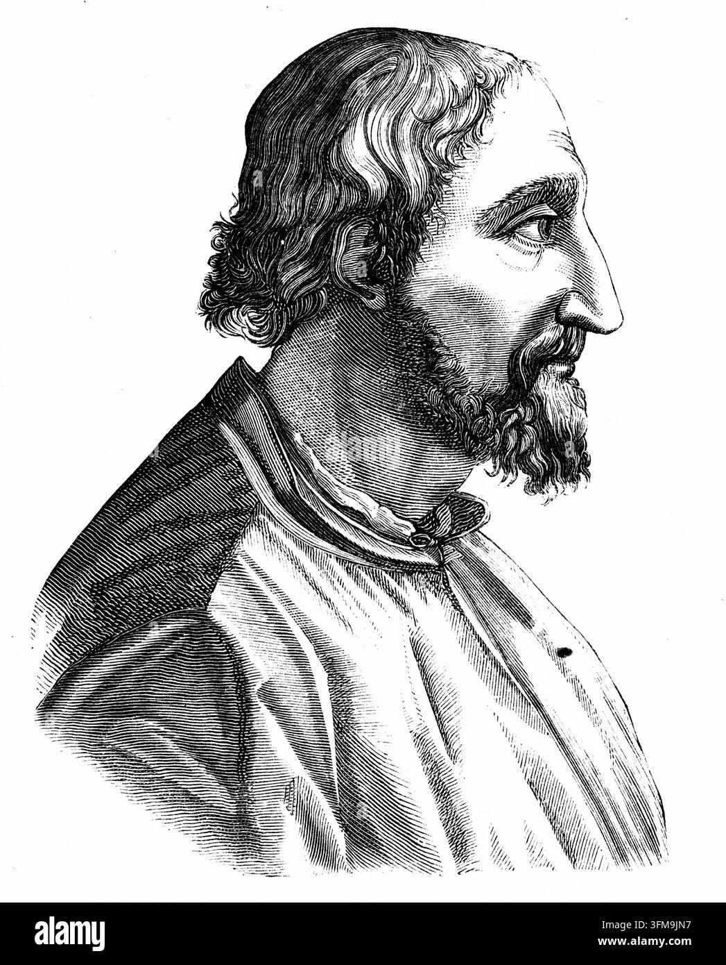 Eine Radierung, die den italienischen Dichter Ludovico Ariosto (1474-1533) darstellt, der der Autor des Epos "Orlando Furioso" war. Erstmals 1516 veröffentlicht, wurde dieses Meisterwerk zu einem zentralen Werk der italienischen Renaissance und setzte die Erzählung von Rittertum und Liebe fort, die in früheren romantischen Epen begründet wurde. Ariosto verbrachte einen Großteil seines Berufslebens in Ferrara im Dienst des Hauses Este. ca. 1880. Stockfoto