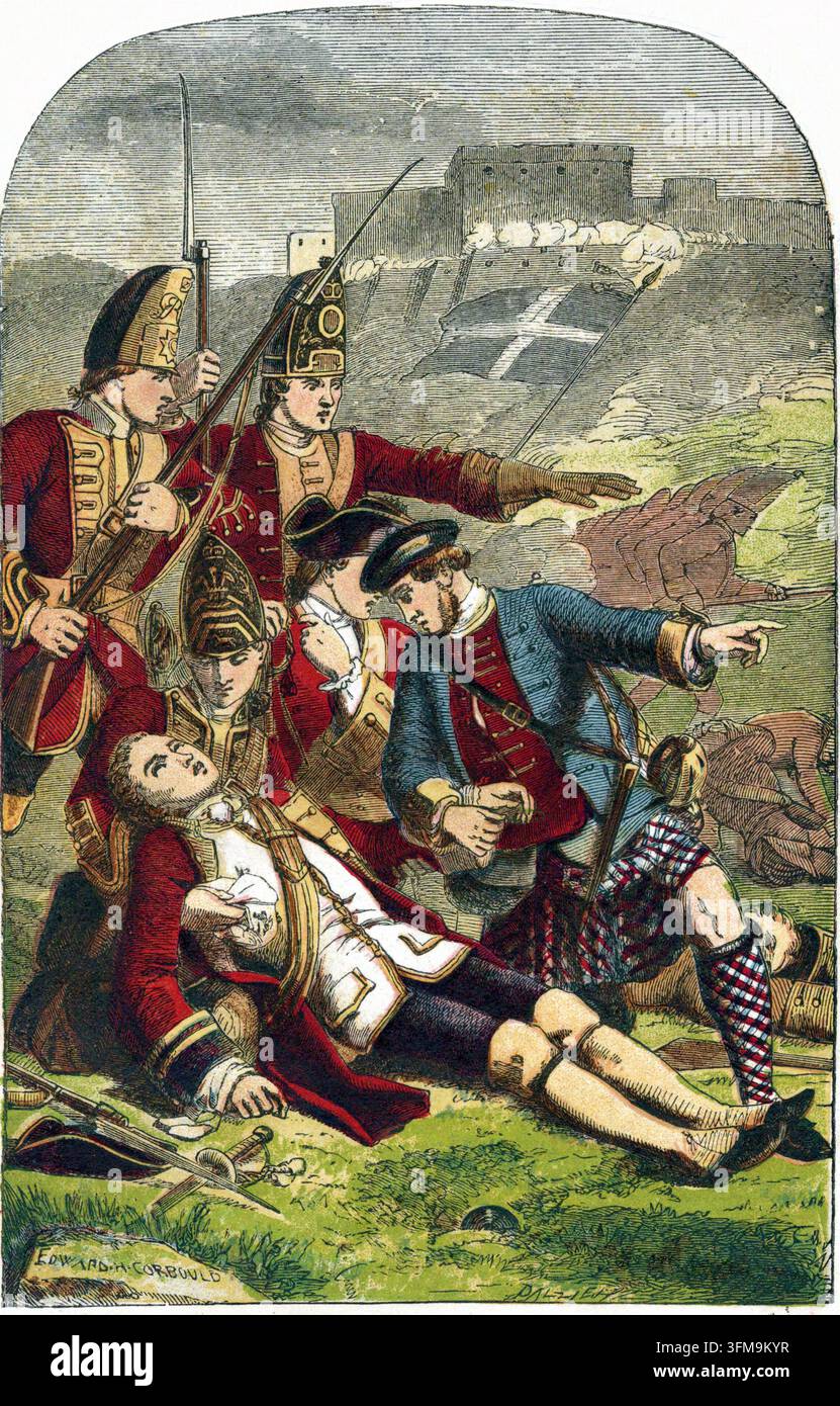 Ein farbdrucktes Kupferstichwerk von Edward Henry Corbould (1815–1905), das den Tod von General James Wolfe (1727–1759) auf den Höhen von Abraham während der Schlacht von Quebec darstellt. Das Gefecht, Teil des Siebenjährigen Krieges, fand am 13. September 1759 statt und endete mit einem britischen Sieg über die französischen Truppen unter der Führung von Louis-Joseph de Montcalm, obwohl beide Kommandanten tödlich verwundet wurden. Die Komposition zeigt Wolfe, umgeben von treuen Soldaten, während die Festung von Quebec in der Ferne erobert wird. ca. 1870. Stockfoto