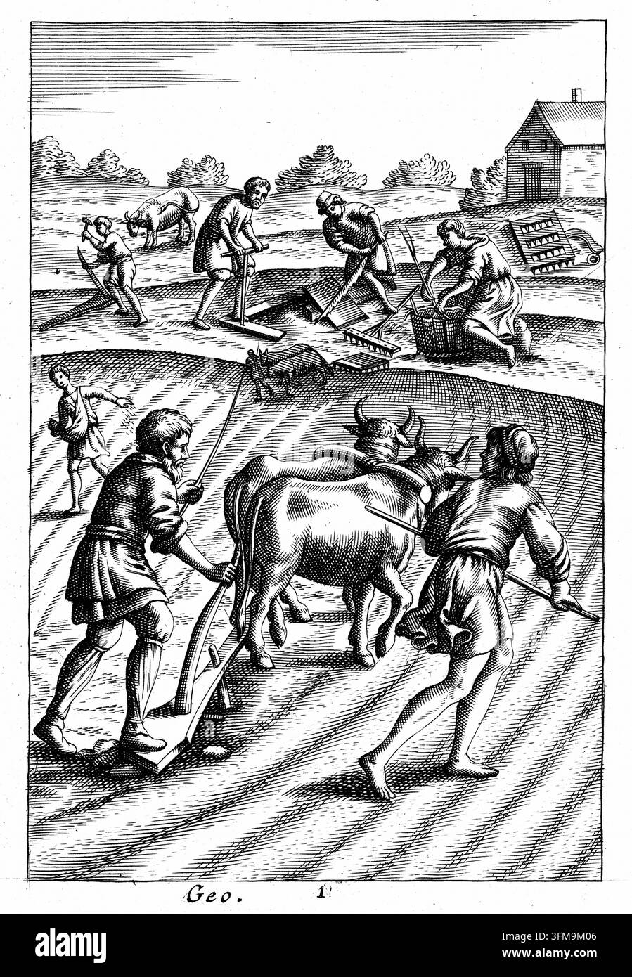 Ein Kupferstich, der landwirtschaftliche Szenen des Pflügens mit Ochsen, des Streuens von Saatgut und des Eggens zeigt und eine Ausgabe von Virgils 'Georgica' aus dem 18. Jahrhundert illustriert. Im Vordergrund führen zwei Männer ein Paar Ochsen, um den Boden zu pflügen, während eine weitere Figur im Mittelgrund Samen sät. Der Hintergrund zeigt Arbeiter, die hölzerne Landmaschinen wie Rechen und Eggen herstellen, was die römischen landwirtschaftlichen Traditionen und die didaktischen Anweisungen für das Landleben widerspiegelt, die der Dichter Virgil (70–19 v. Chr.) niederschrieb. Diese Illustration zeigt die Beständigkeit klassischer Landwirtschaftstechniken int Stockfoto