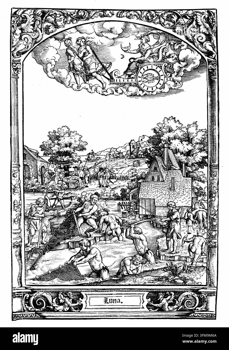 Ein Holzschnitt von Hans Sebald Beham (1500–1550) mit dem Titel „Luna“ aus einer Serie, die die sieben Planeten darstellt. Die Komposition zeigt die Planetengöttin Luna, die in einem himmlischen Wagen sitzt, der von zwei weiblichen Figuren durch die Wolken gezogen wird, wobei das Sternzeichen Krebs, ihr astrologisches Haus, auf dem Rad des Wagens dargestellt ist. Im Vordergrund sind die Kinder des Mondes gezeigt, die Aktivitäten nachgehen, die mit ihrem Element Wasser verbunden sind, einschließlich des Fischens mit Netzen in einem Fluss und der Bedienung einer Wassermühle. Diese Darstellungen spiegeln astrologische Traditionen des sechzehnten Jahrhunderts wider, die bestimmte Temperamente zuwiesen Stockfoto
