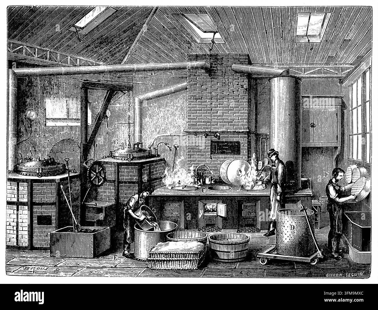 Ein Holzstich, der die Industrieküche einer Lebensmittelkonservierungsfabrik in Paris darstellt. Die Illustration zeigt verschiedene Stadien der Lebensmittelkonservierung, wie Kochen und Abseihen, unterstützt von großen dampfbetriebenen Bottichen und spezialisierten Autoklaven. Diese Industrialisierung der Lebensmittelverarbeitung wurde auf den Grundlagen aufgebaut, die Nicolas Appert (1749–1841) gelegt hat, der die Wärme-Sterilisationsmethode entwickelte, die die globale Lebensmittellagerung und -ernährung revolutionierte. Die Szene enthält detaillierte Beschriftungen, die verschiedene Maschinenteile anzeigen, die im Konservierungsprozess verwendet werden. c.1870. Stockfoto