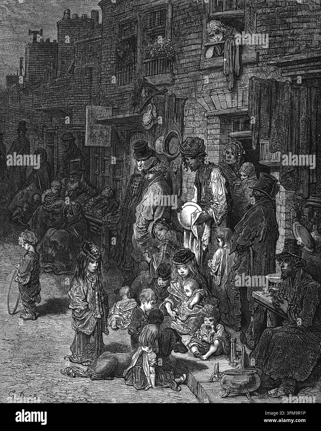 Ein Holzstich von Gustave Doré (1832–1883) mit dem Titel 'Wentworth Street, Whitechapel', der das verarmte jüdische Viertel des viktorianischen Londons darstellt. Entstanden im Rahmen eines Gemeinschaftsprojekts mit dem Schriftsteller Blanchard Jerrold (1826–1884) für die Publikation 'London: A Pilgrimage', fängt das Bild die dichte Überbevölkerung und soziale Not im East End während des späten neunzehnten Jahrhunderts ein. 1872. Stockfoto