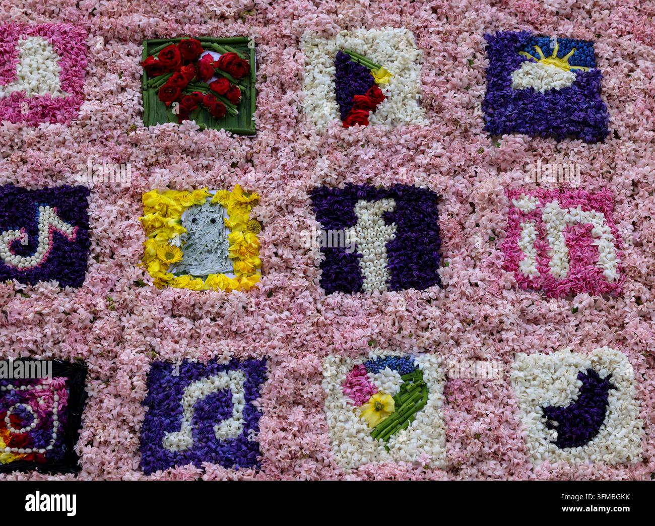 Noordwijkerhout, Niederlande - 22. April 2023: Logos bekannter Internetanwendungen aus Hyazinthen auf rosa Hintergrund Stockfoto