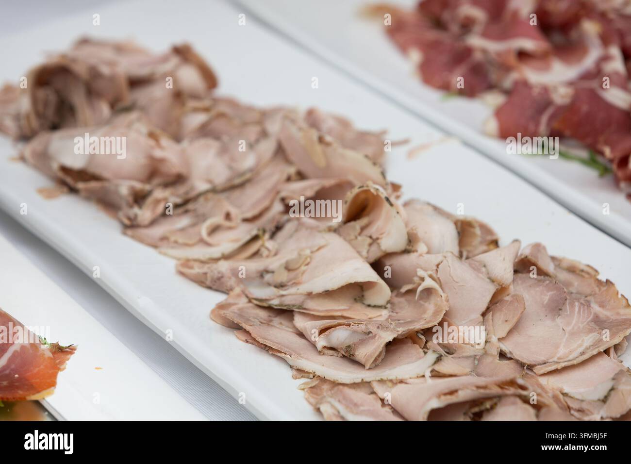 Teller mit verschiedenen dünn geschnittenen Aufschnittsorten und luftgetrockneten Fleischsorten an einem Buffet Stockfoto