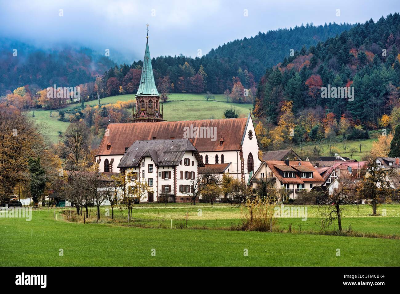Dorf Glottertal bei Freiburg in den nebligen Schwarzwaldbergen, Deutschland Stockfoto