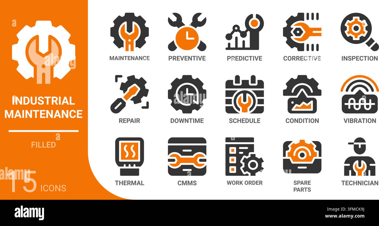 Sammlung von gefüllten Glyphen-Symbolen für industrielle Wartung für Web, App, UI, UX, Dashboard, Präsentation und Infografik sowie Druckdesign Stock Vektor