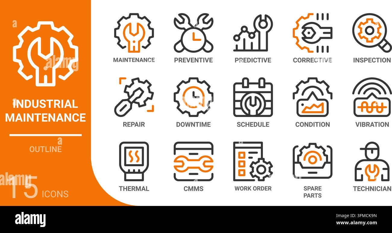Sammlung von industriellen Wartungs-Kontur-Icons für Web, App, UI, UX, Dashboard, Präsentation und Infografik sowie Printdesign Stock Vektor