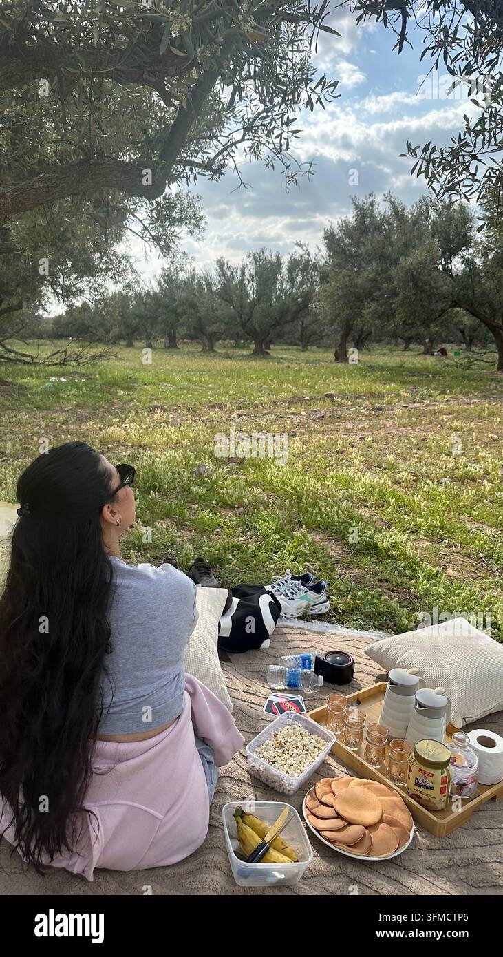 Frau genießt ein Picknick im Freien in einem friedlichen Olivenhain, umgeben von Kissen, Essen und natürlicher Landschaft an einem sonnigen Tag. - Smartphone-aufgenommenes Stockfoto