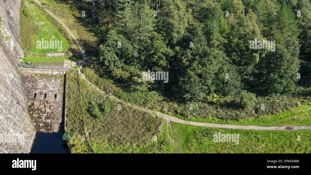 Luftaufnahme der Derwent-Damm-Mauer und des Valley Walking Trail im Peak District Stockfoto