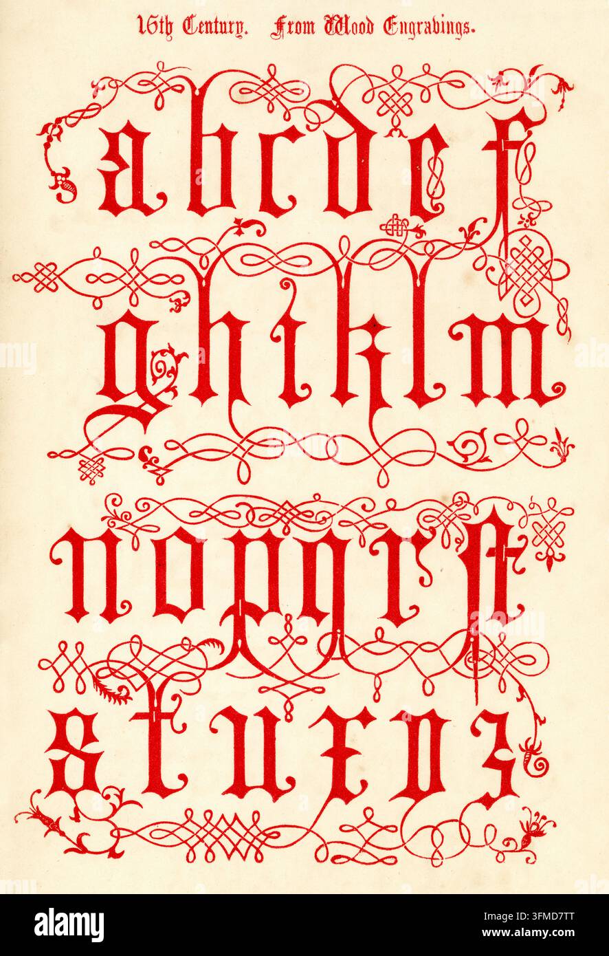 Vintage-Stich des Alphabets im mittelalterlichen Stil des 15. Jahrhunderts aus dem Buch der dekorativen Alphabete von F.G. Delamotte, veröffentlicht 1879, jetzt gemeinfrei Stockfoto