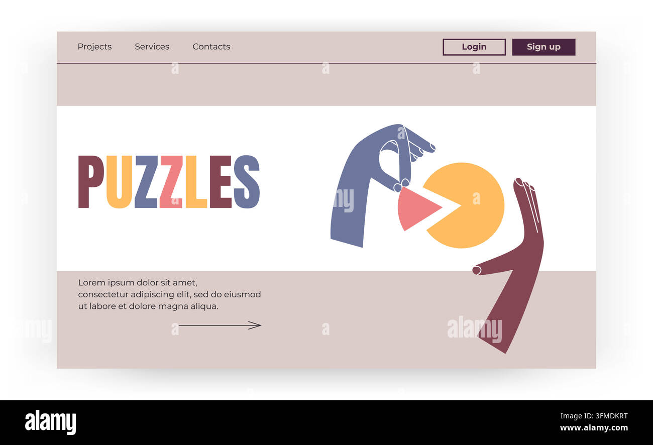 Puzzle-Teil-Landingpage. Minimales Website-Web-Banner mit Navigation und abstrakten Händen, die eine Form zusammenbauen, interaktives UI-Design, kreatives Problemlösungskonzept. Vektor-Cartoon-Flachstil isoliert Stock Vektor