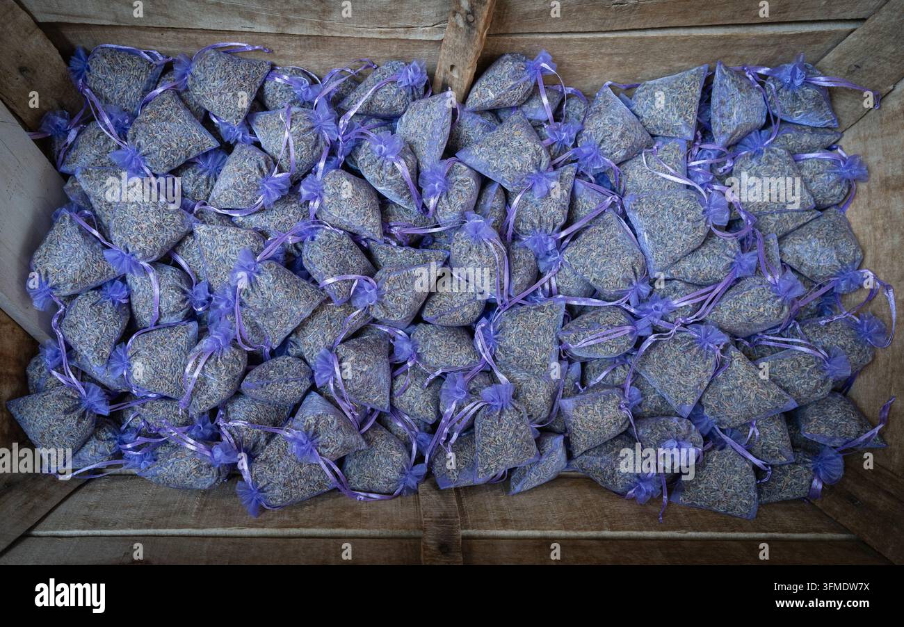 Sammlung kleiner blauer und violetter Beutel, gefüllt mit Lavendel, zusammen angeordnet Stockfoto
