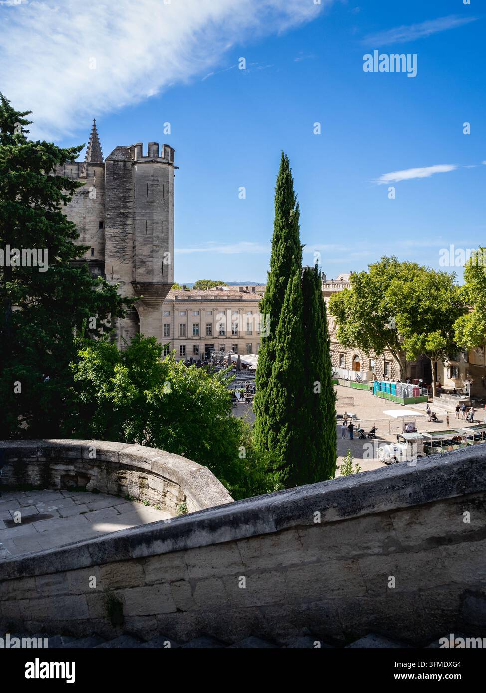 Blick auf das historische Palais des Papes, das sich über der Skyline von Avignon in der Provence, Frankreich, erhebt Stockfoto