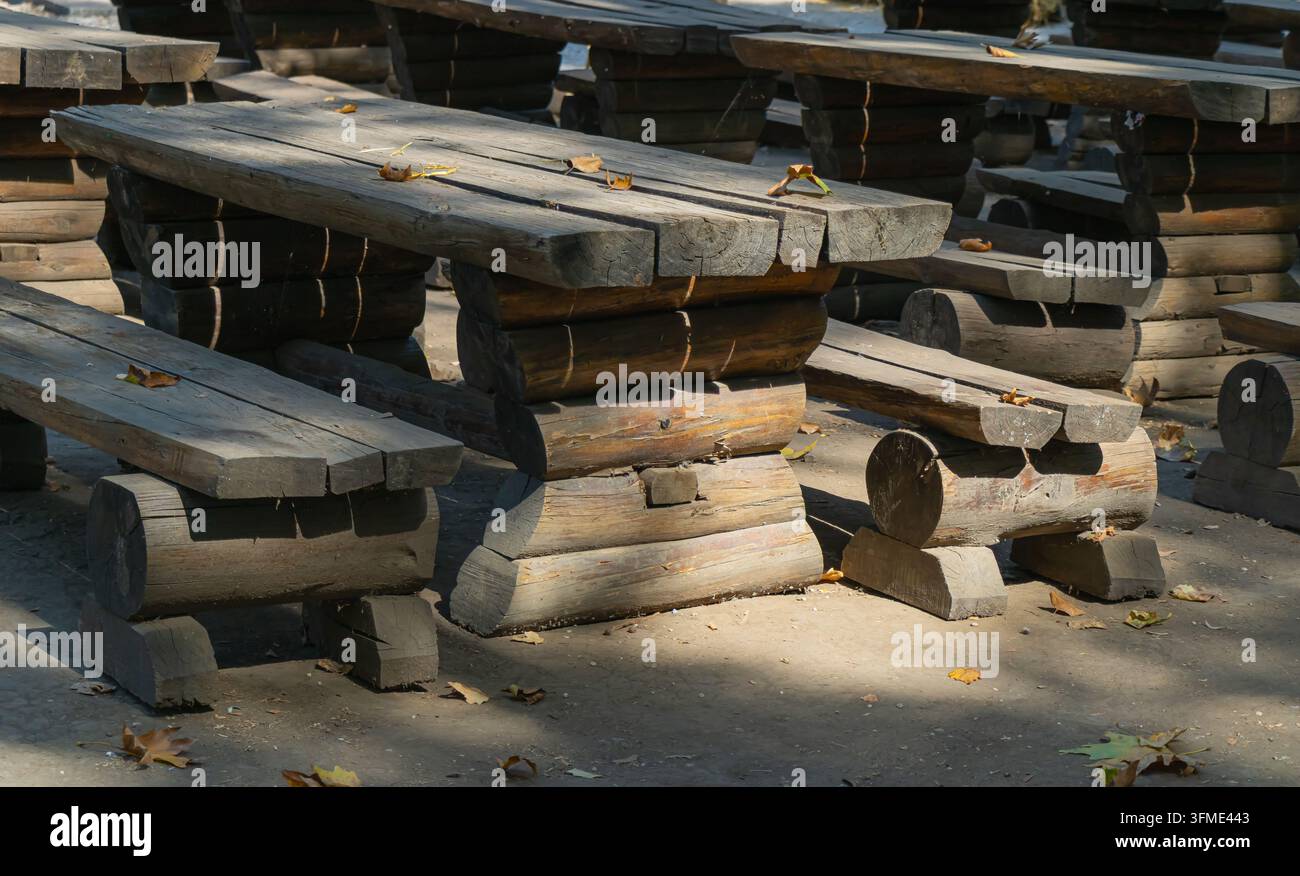 Nahaufnahme eines schweren Holztisches und Baumstammbänke mit rauen Holzoberflächen und gefallenen Herbstblättern in einem schattigen öffentlichen Erholungsgebiet Stockfoto