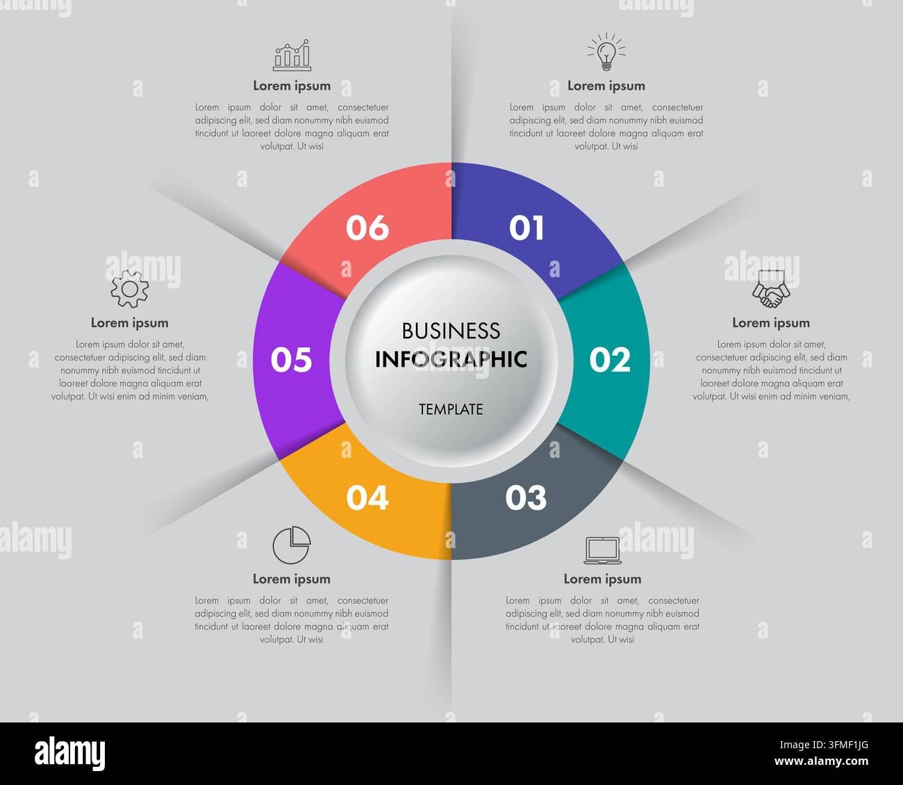 6 Schritte kreisförmiges Farb-Business-Infografik-Vorlage mit neumorphischem Zentrum Stock Vektor