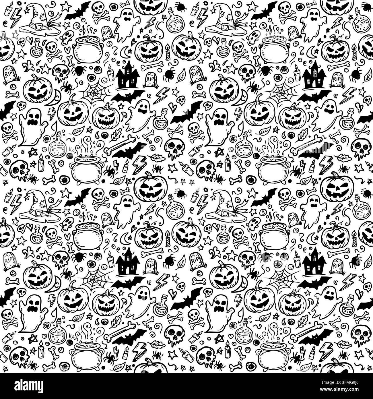 Halloween-Muster ohne Ende mit gruseligen Doodles, handgezeichnete Vektorillustration Stock Vektor