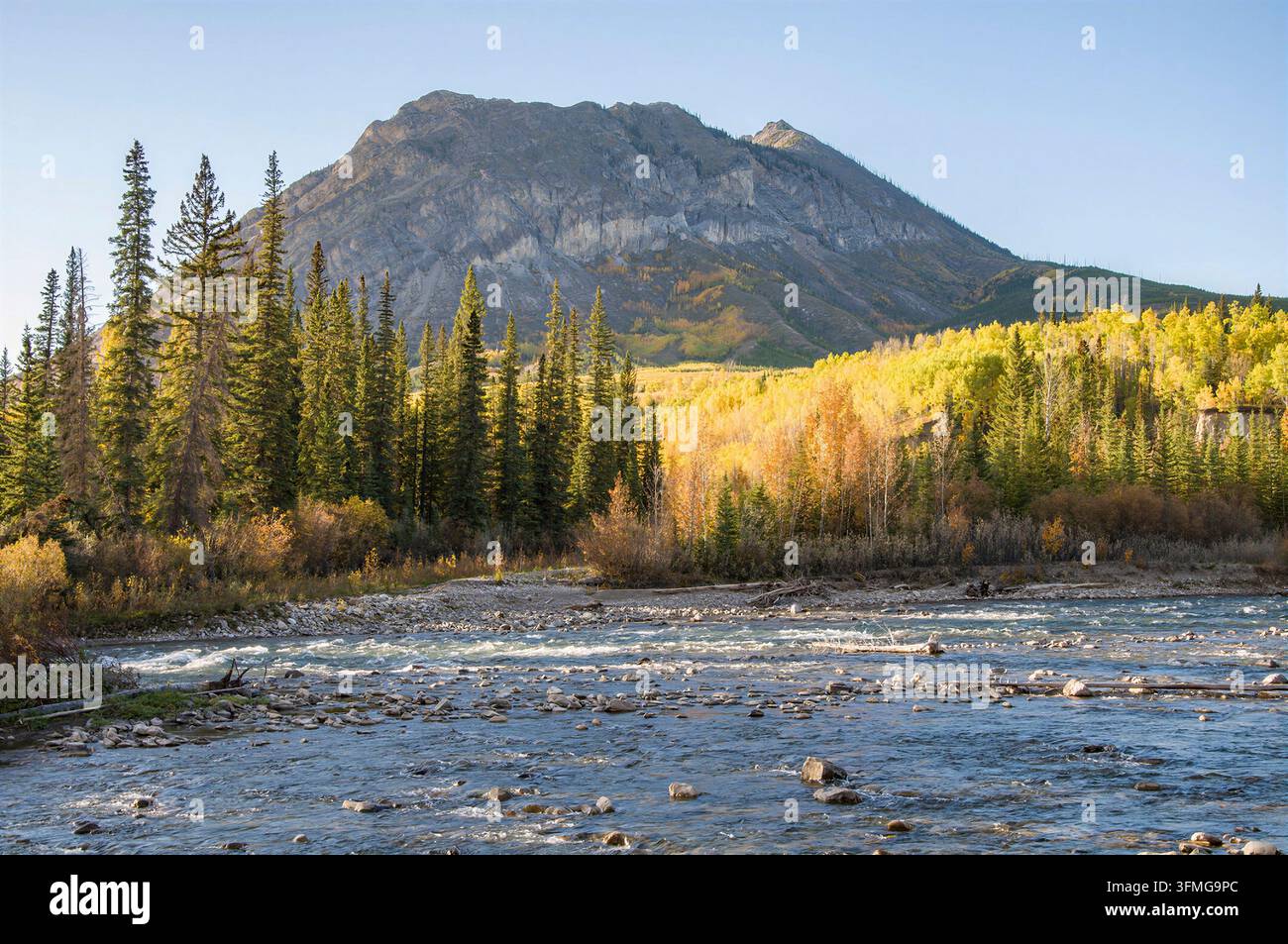 Ein atemberaubender Ausblick auf die Landschaft mit dem ikonischen Berggipfel Warden Rock, der über dem Red Deer River in Alberta, Kanada, während der Herbstsaison aufragt. Stockfoto