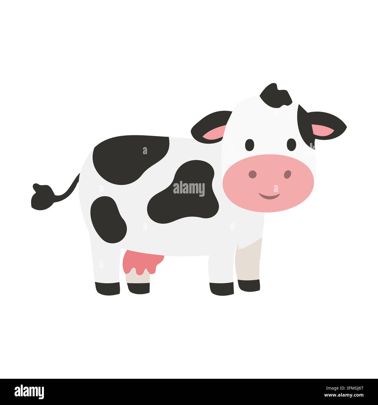 Bezaubernde niedliche Cartoon-Kuh mit schwarzen und weißen Flecken. Freundlicher Bauernhof-Tiercharakter-Vektorillustration im Flachstil isoliert auf weißem Hintergrund. Stock Vektor