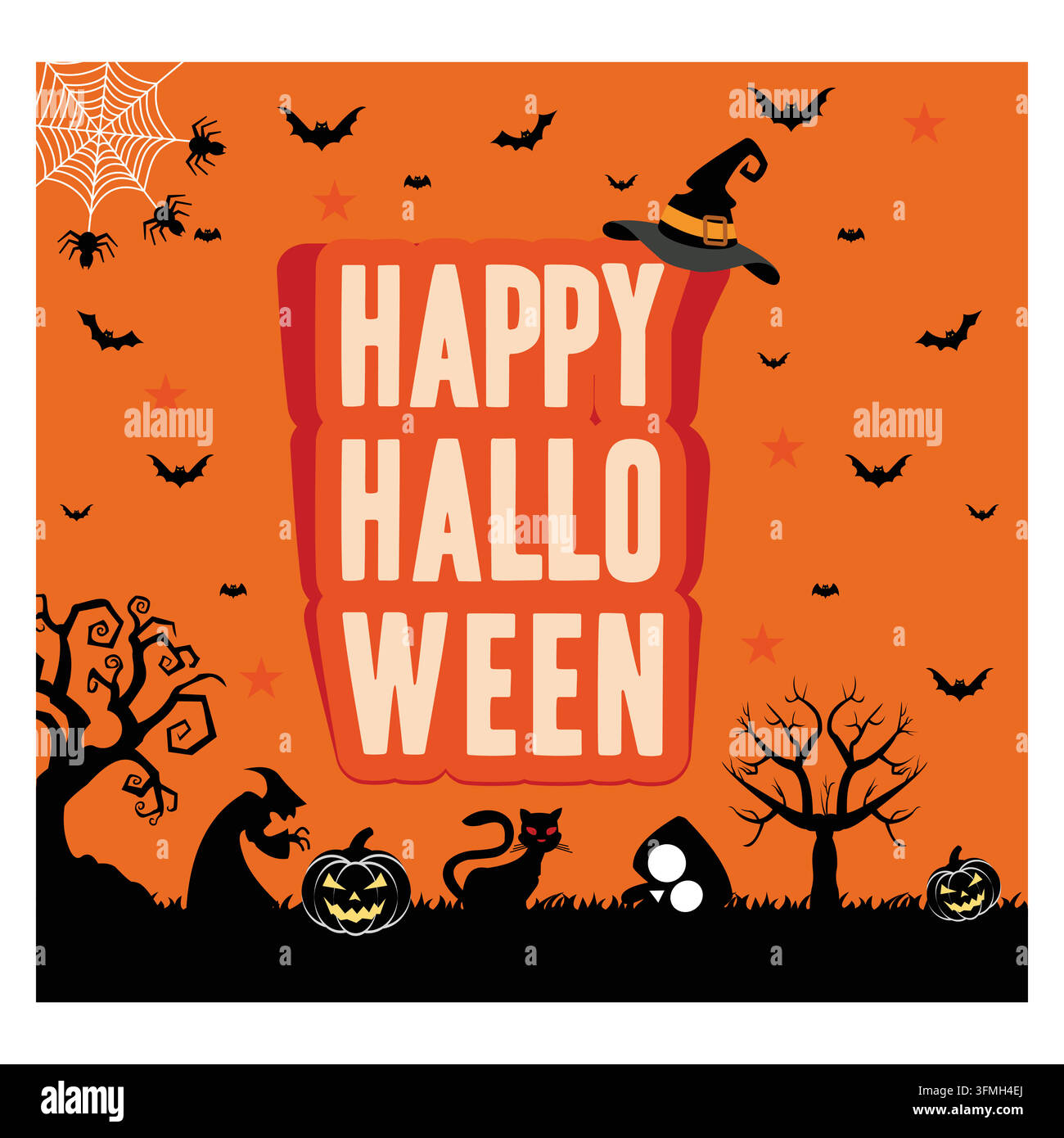 Frohes Halloween. niedliche Objekte Kürbisköpfe, schwarze Katzen, lustige Skelette, Geister, Augen für Postkartenherstellung. flache Vektor moderne Illustration Stock Vektor