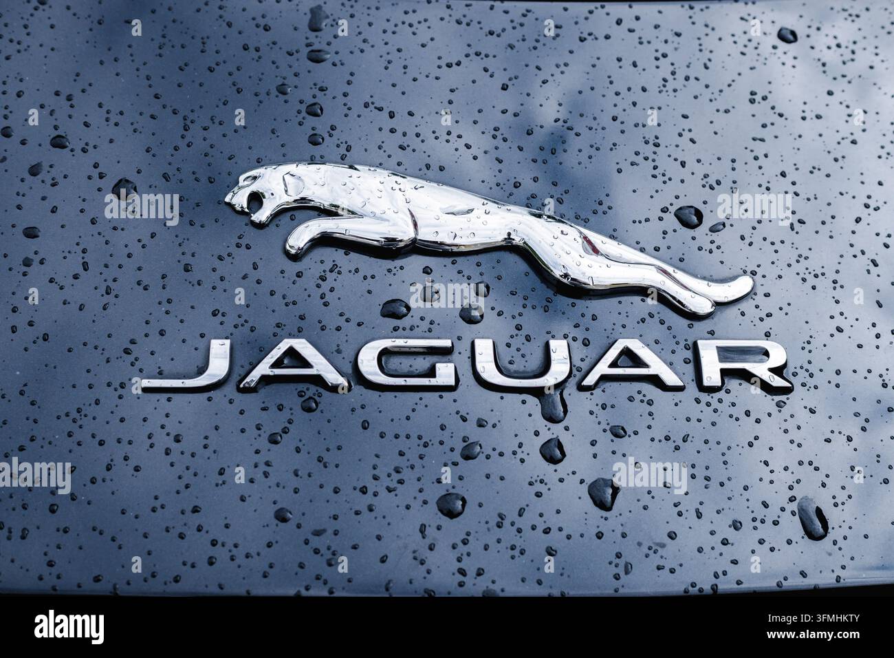 Iserlohn, Deutschland, 17. August 2026: Das Jaguar-Emblem und die Schriftzüge sind auf einer reflektierenden Fahrzeugoberfläche abgebildet, die mit Wassertropfen bedeckt ist. Stockfoto