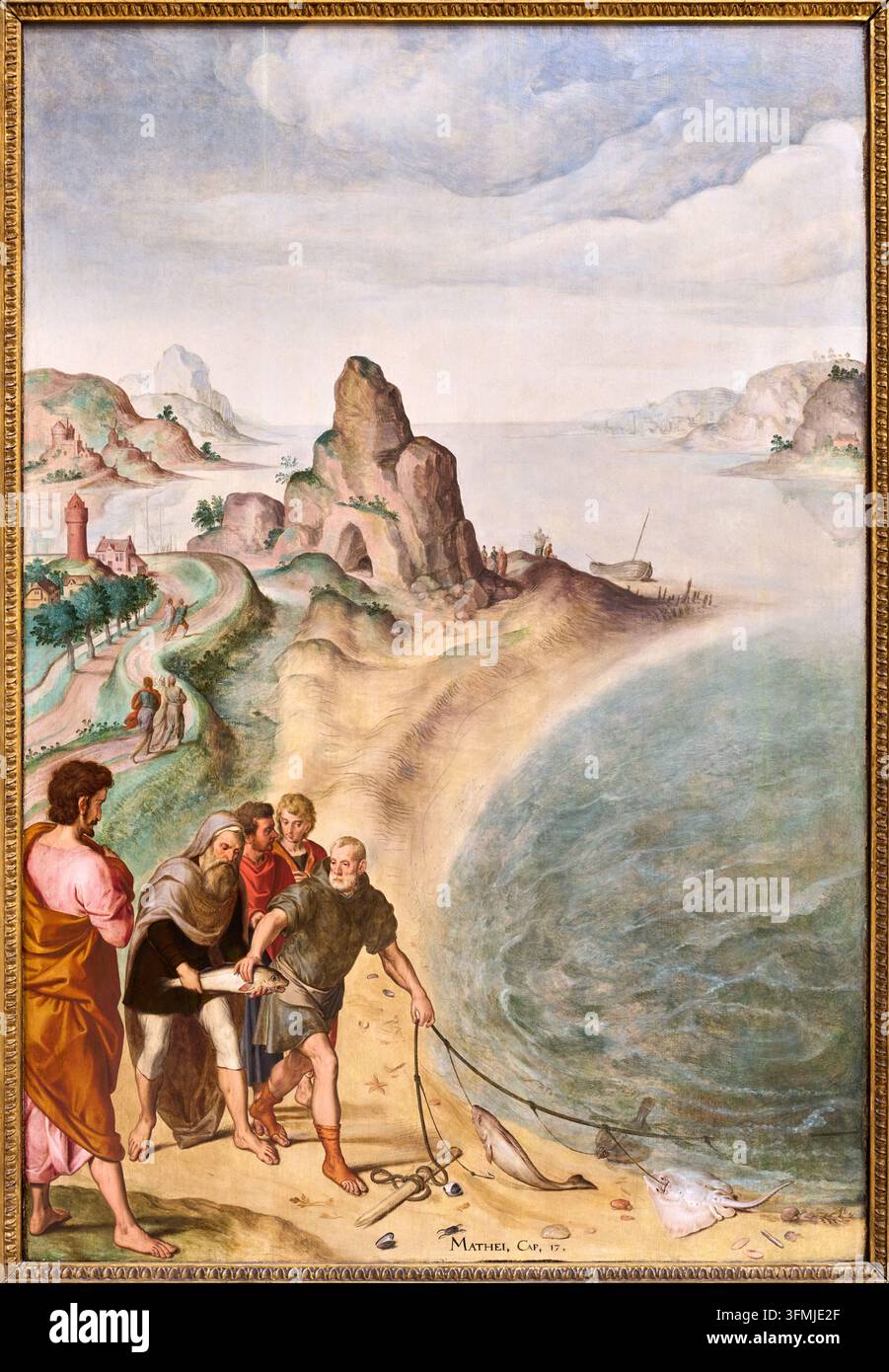 Fischhändler von Brügge Triptychon. Der wundersame Fang zwischen Der Tributpfennig (links) und Der auferstandene Jesus erscheint am See Genezareth (rechts), Piete Stockfoto