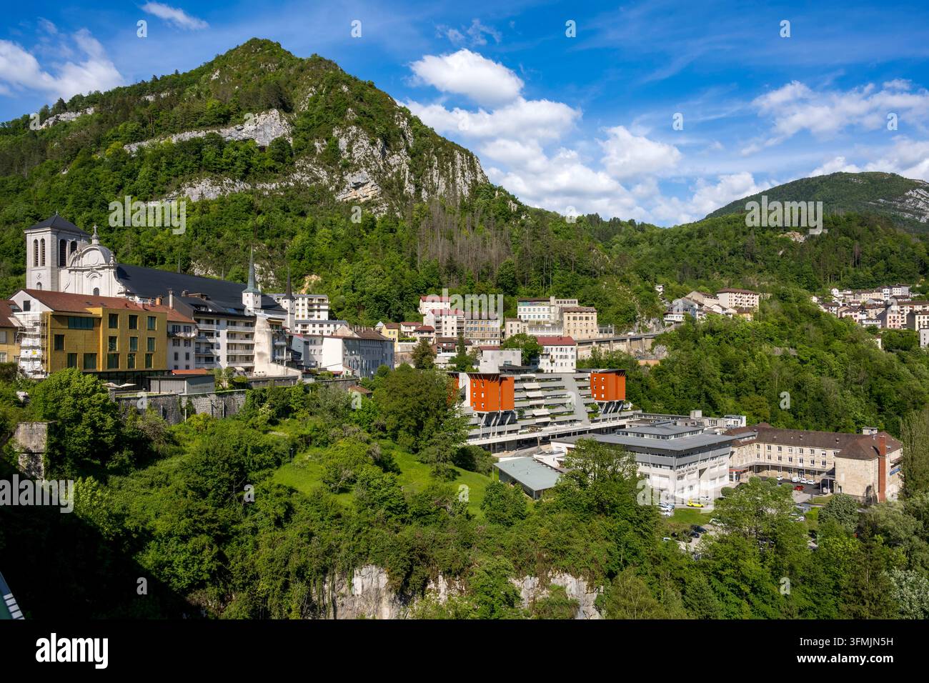 Frankreich, Jura, Saint-Claude, das Louis-Jaillon-Krankenhaus und die Kathedrale von Saint Peter, Saint Paul und Saint Andrew, gesehen vom Grand Pont Stockfoto