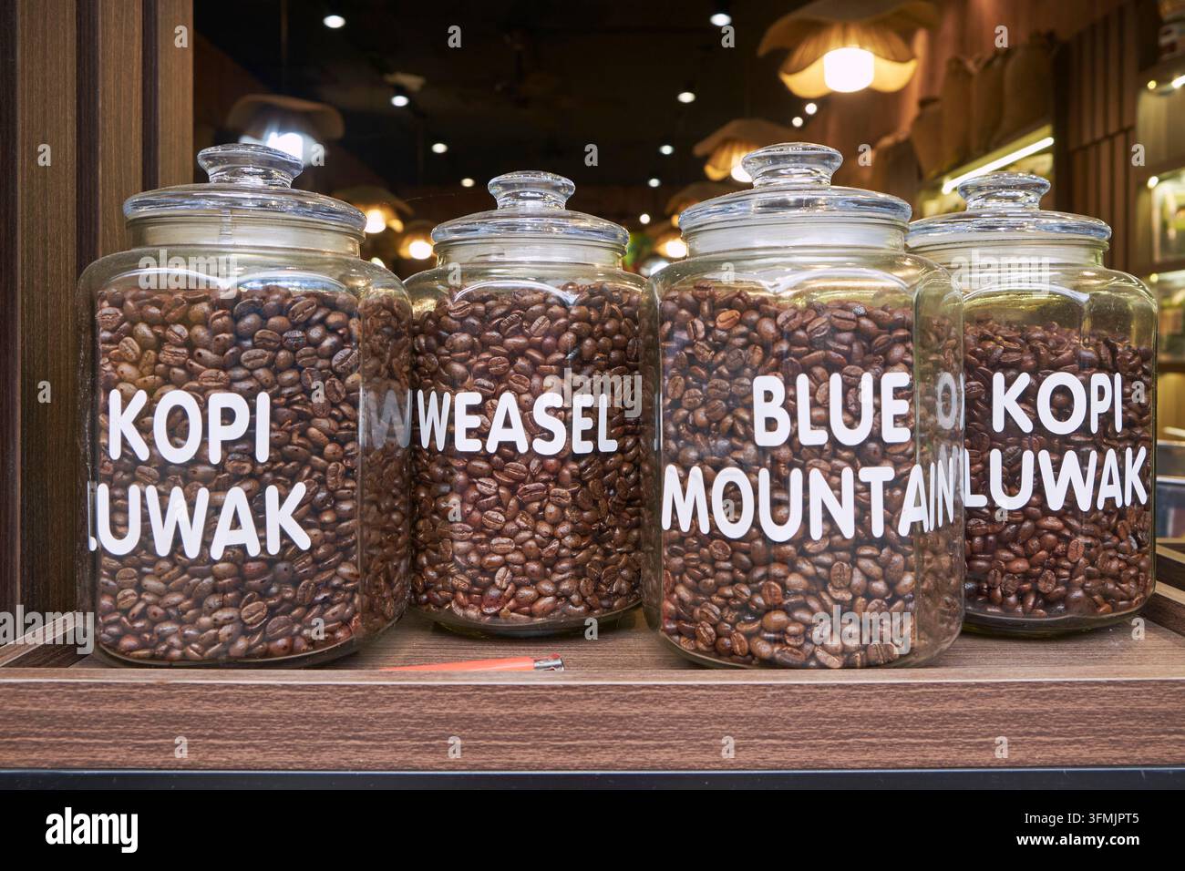 Vietnam, Hanoi, Hoan-Kiem-Bezirk, Altstadtviertel oder Viertel der 36 Gilden, Kaffeeladen, Verkauf von Kaffeebohnen (Kopi Luwak, Weasel und Blue de Mountain) Stockfoto