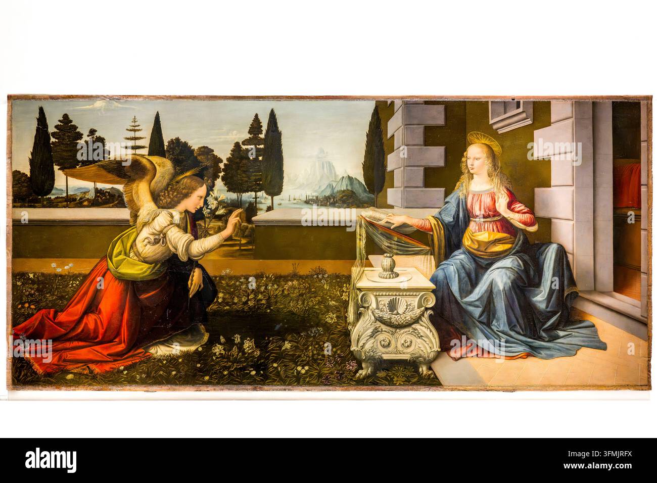 Italien, Toskana, Florenz, als Weltkulturerbe von der UNESCO gelistet, Galleria degli Uffizi (Uffizigalerie) Museum, die Verkündigung (ca. 1472–1475) von Leonardo da Vinci, Öl auf Holz Stockfoto
