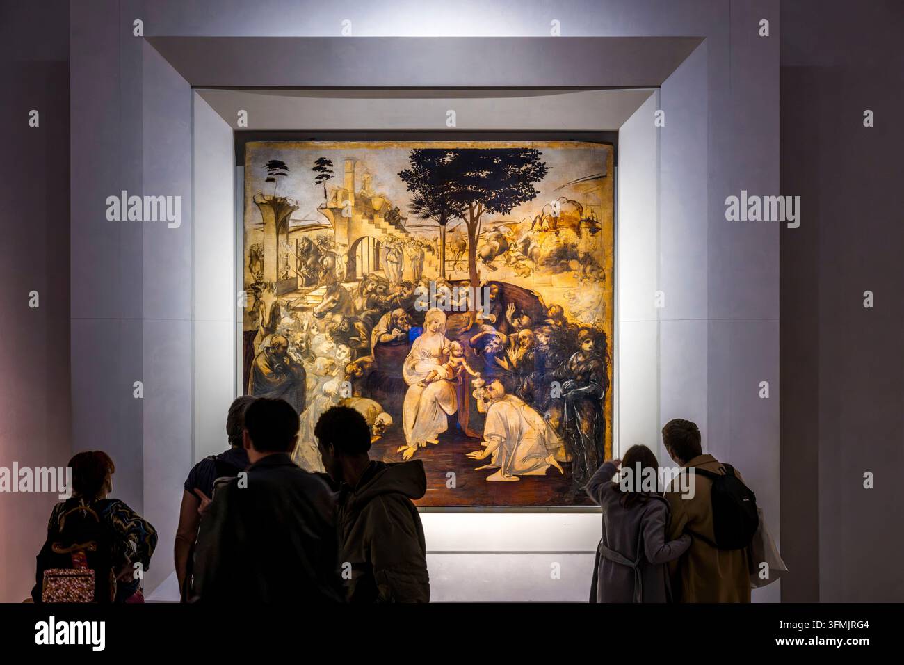 Italien, Toskana, Florenz, als Weltkulturerbe von der UNESCO gelistet, Galleria degli Uffizi (Uffizigalerie) Museum, Anbetung der Heiligen Drei Könige (ca. 1481–1482) von Leonardo da Vinci, Öl auf Holz, ein unvollendetes Werk aufgrund seiner Abreise nach Mailand Stockfoto