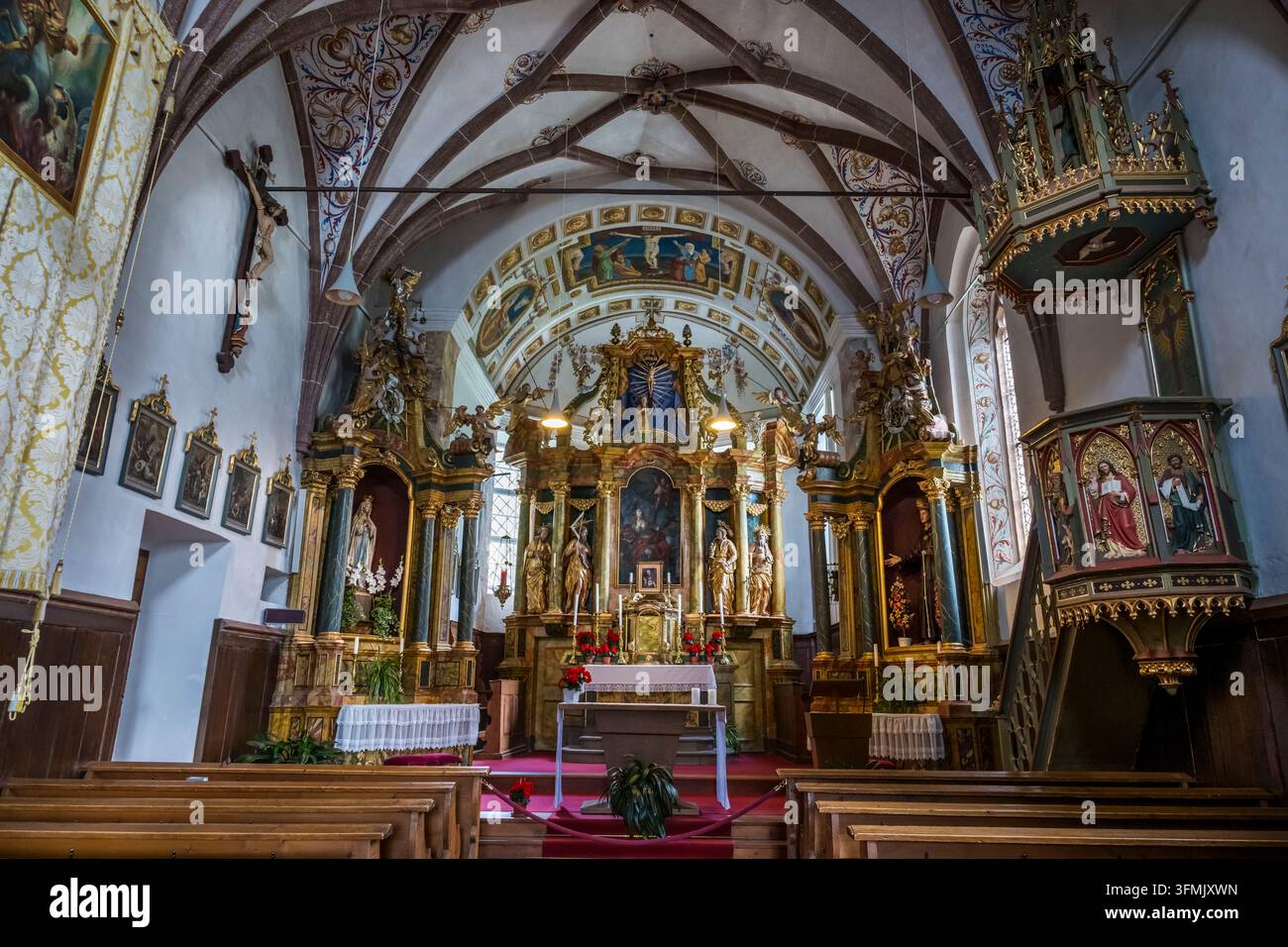 Italien, Trentino-Südtirol, Südtirol, Provinz Bozen, Val di Funes, Kirche Santa Maddalena Stockfoto