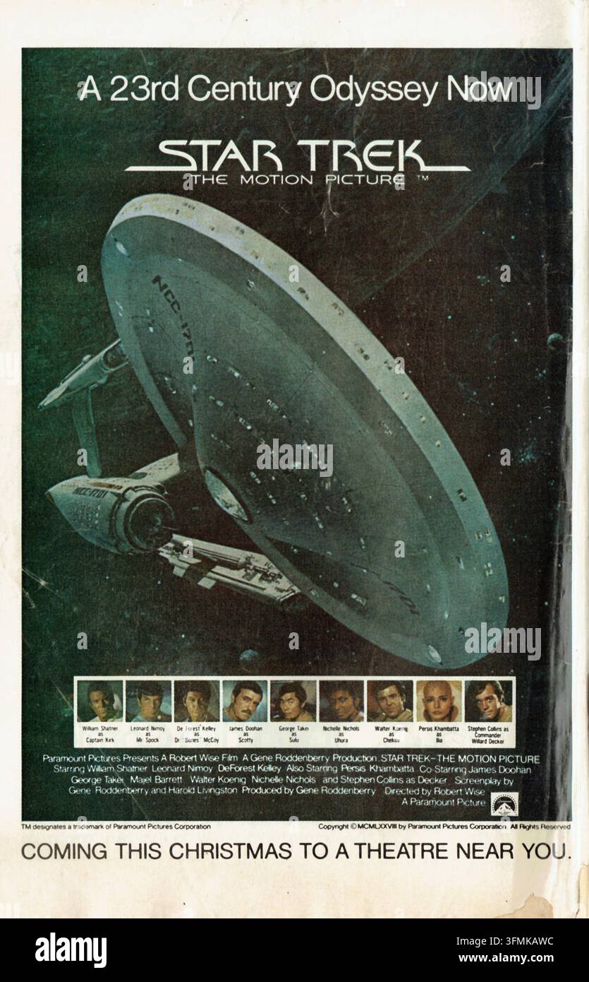 Vintage-Vollseiten-Filmwerbungsscan von 1979 für Star Trek Der Film mit der USS Enterprise-Neuanpassung und Charakter-Kopfschüssen Stockfoto