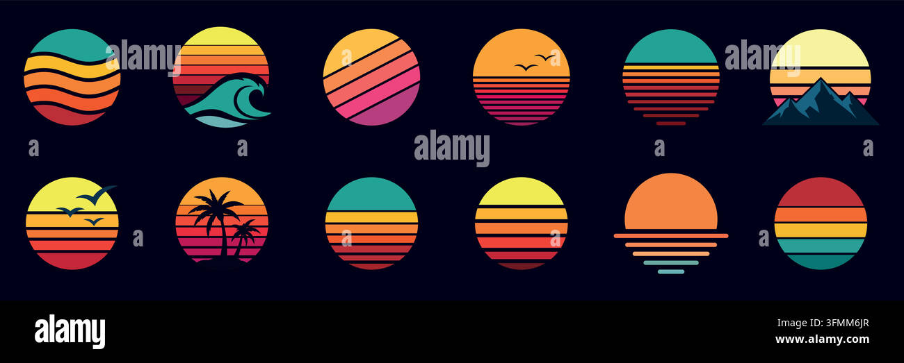 Retro-Sonnenuntergang- und Tropenlandschaft-Symbol-Set. Stock Vektor