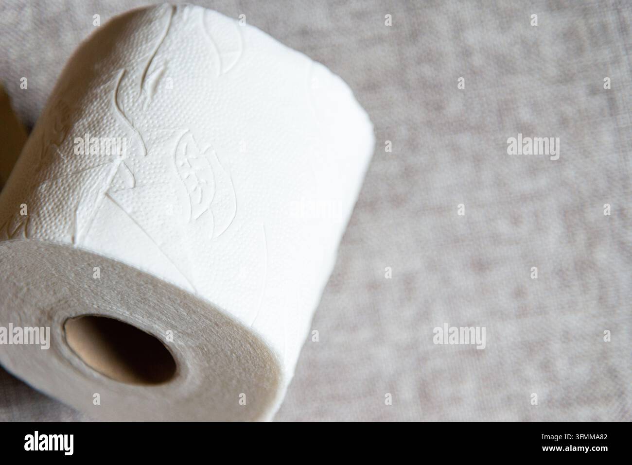 Weiße Toilettenpapierrolle mit geprägtem Blumenmuster auf texturiertem Stoffhintergrund mit Kopierplatz. Stockfoto