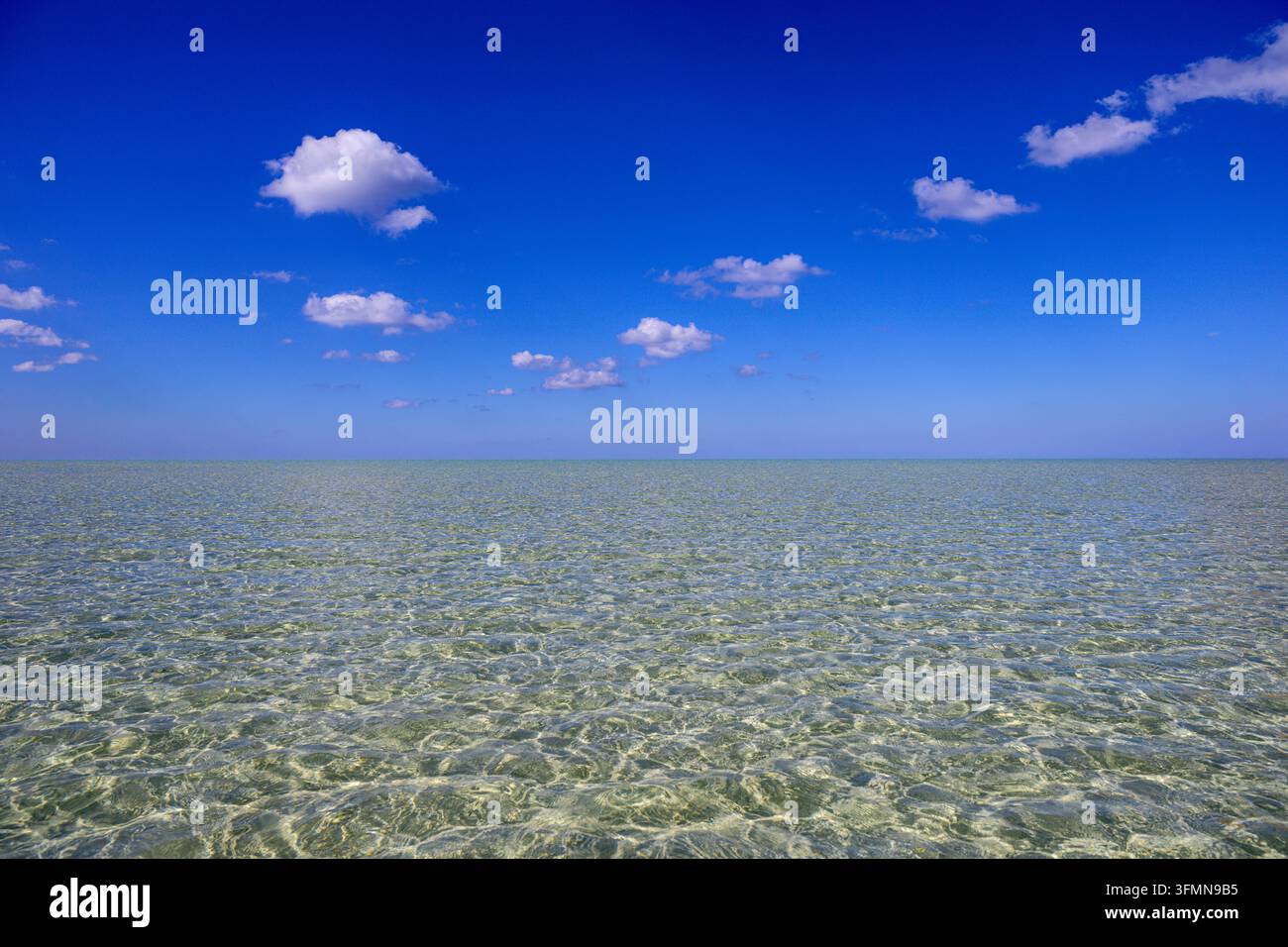 Schöner blauer sonniger Himmel mit flauschigen Wolken über dem klaren türkisfarbenen Meer am Strand Stockfoto