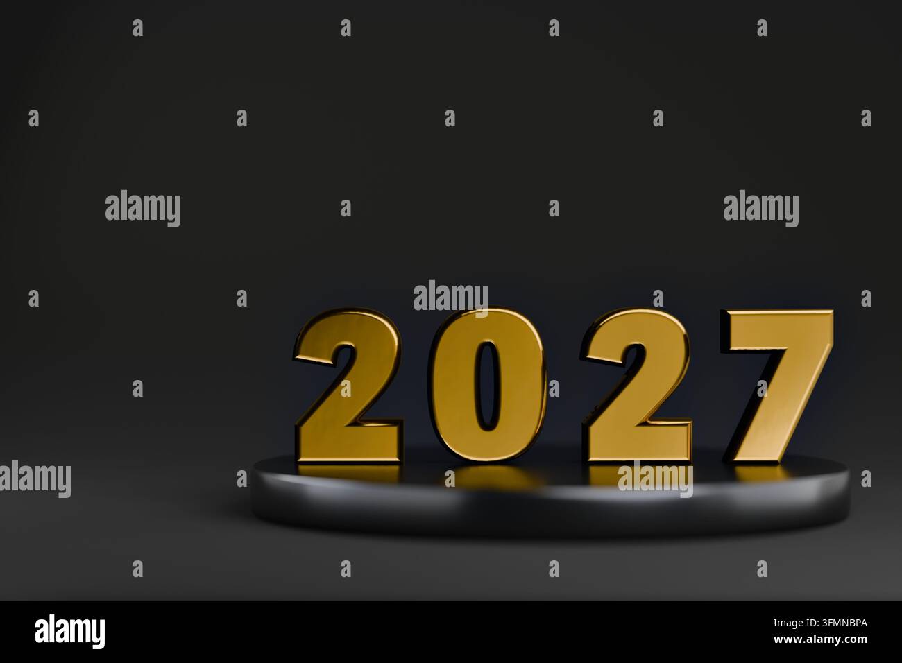 Goldene 2027-Zahlen auf dunklem Podium mit Kopierplatz Stockfoto