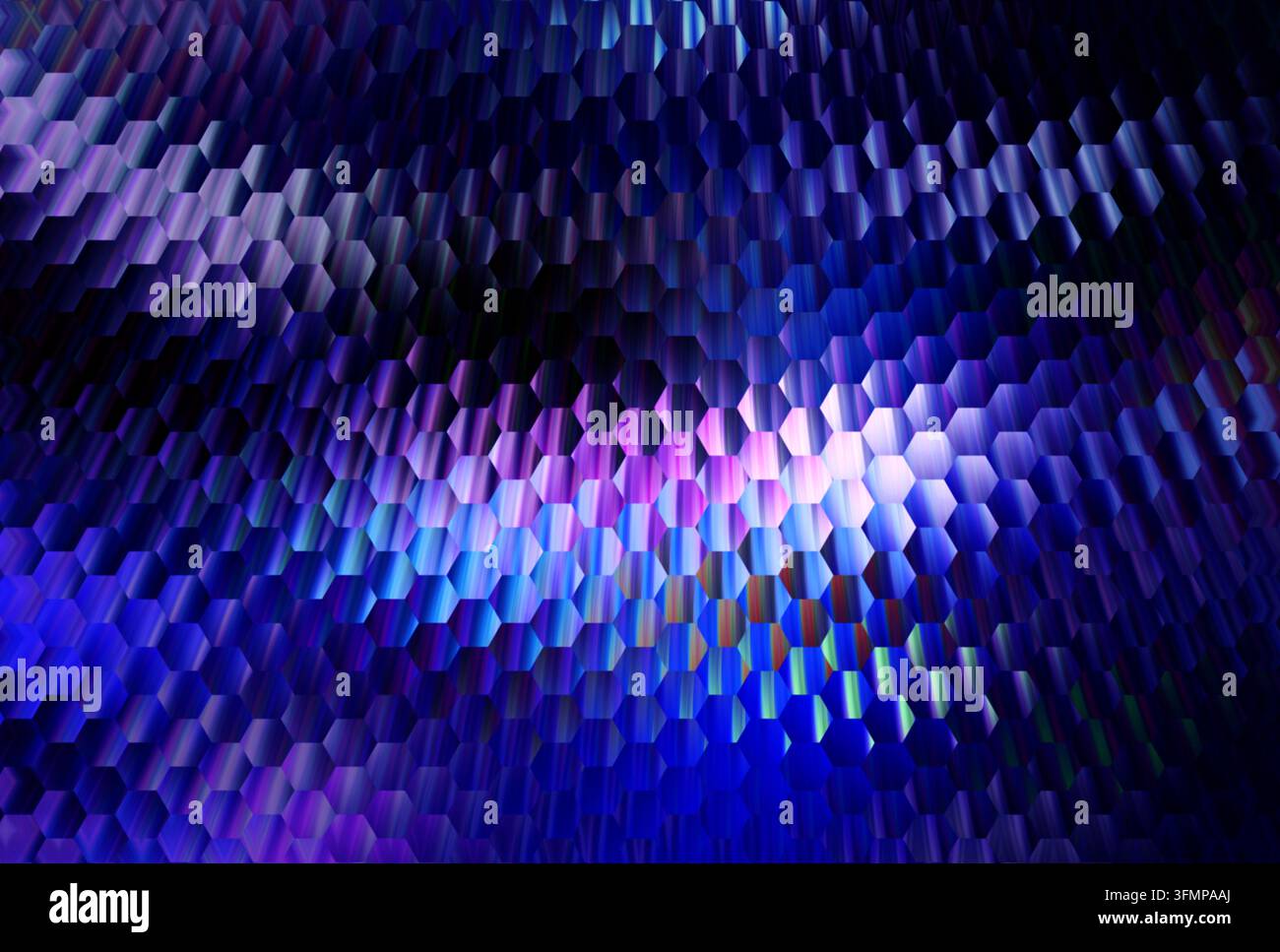 Abstraktes blaues und violettes Hexagonmuster-Hintergrund mit leuchtendem zentralem Glühen, geschichteter geometrischer Textur und tiefen Schatten für futuristisches digitales Design Stockfoto