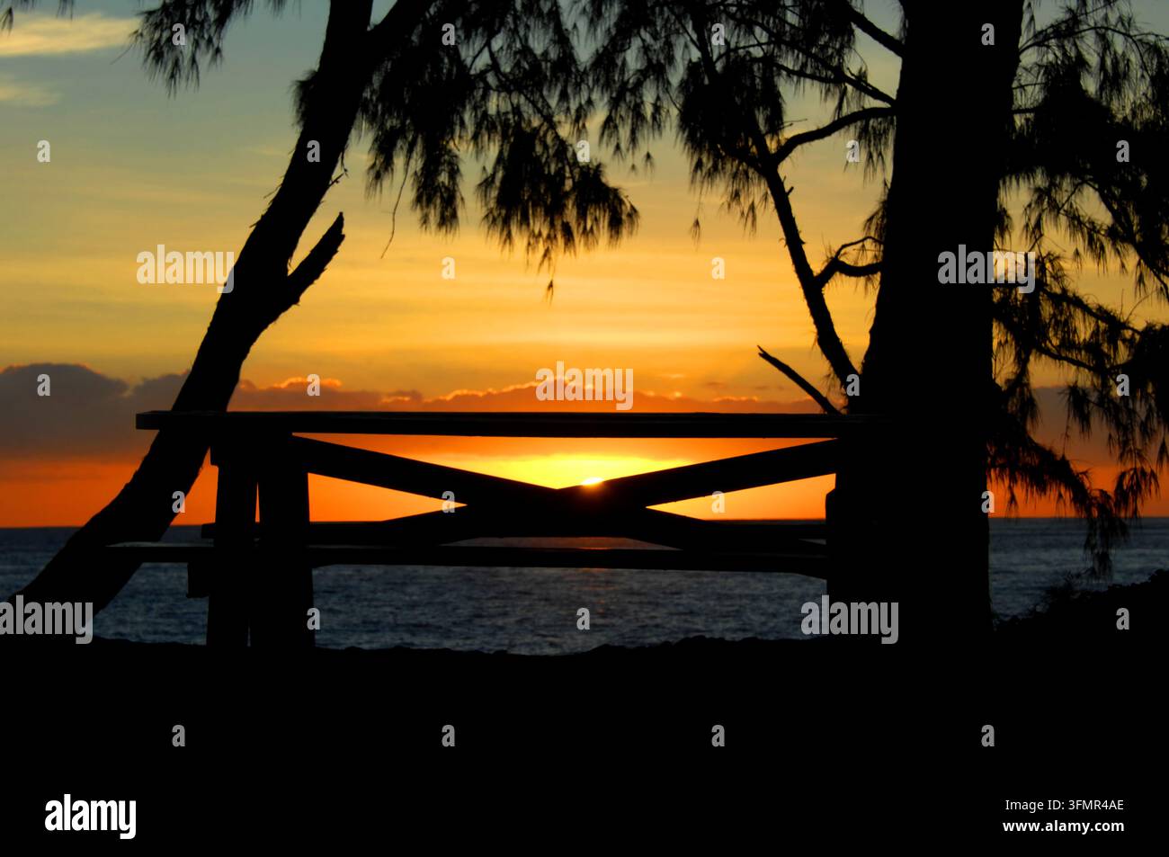 Der perfekte Picknickplatz wird von der aufgehenden Sonne auf der Big Island von Hawaii silhouettiert. Der Laupahoehoe Beach Park ist in Dunkelheit gehüllt und ruhig Stockfoto