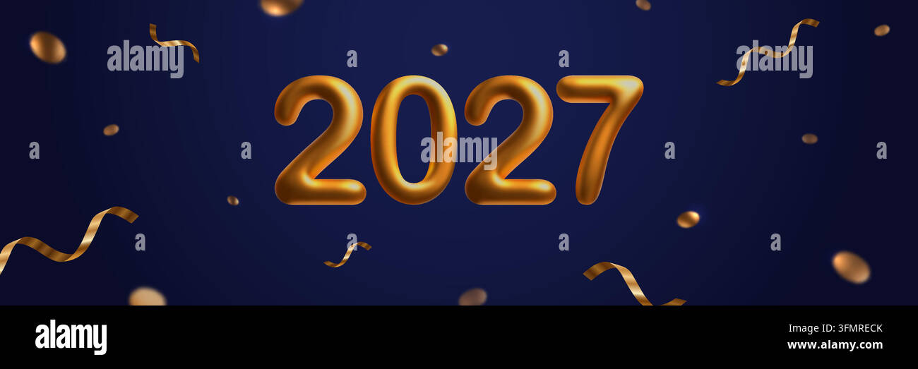 Frohes-Neues-Jahr-Hintergrund. Goldene 3D-Zahlen 2027 mit funkelnden Konfettis auf blauem Hintergrund Stock Vektor